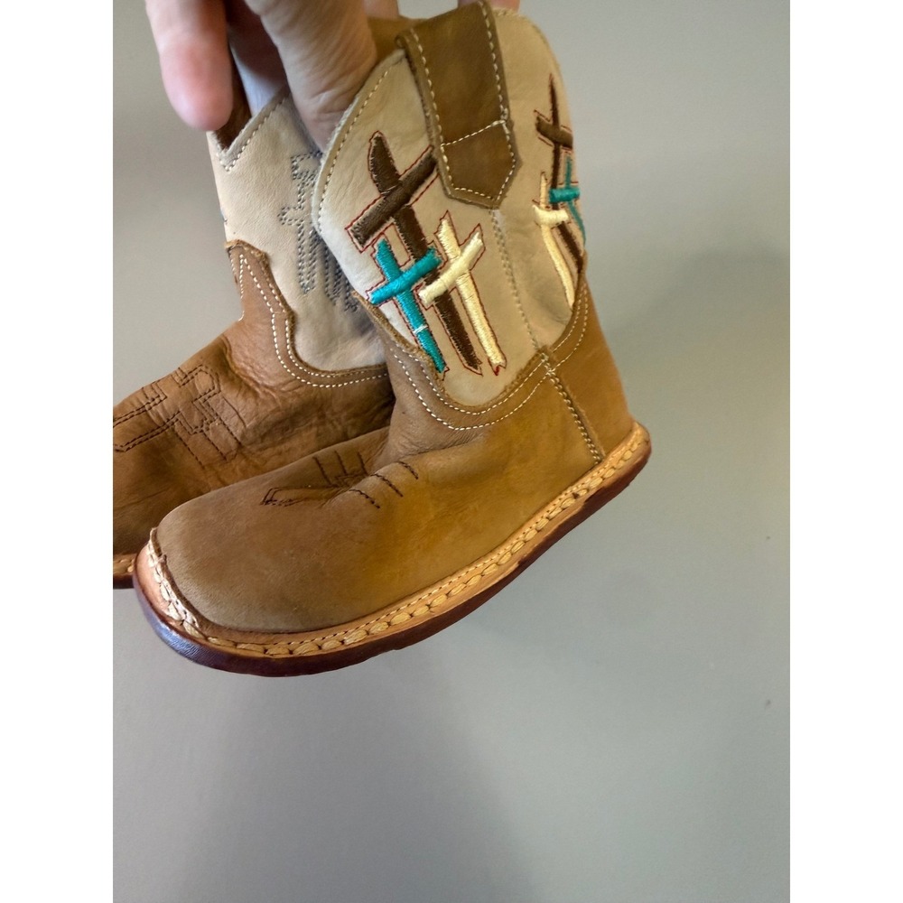 Roper Cowbabies Kids Tan Leather Embroidered Cross Western Boots Size 4